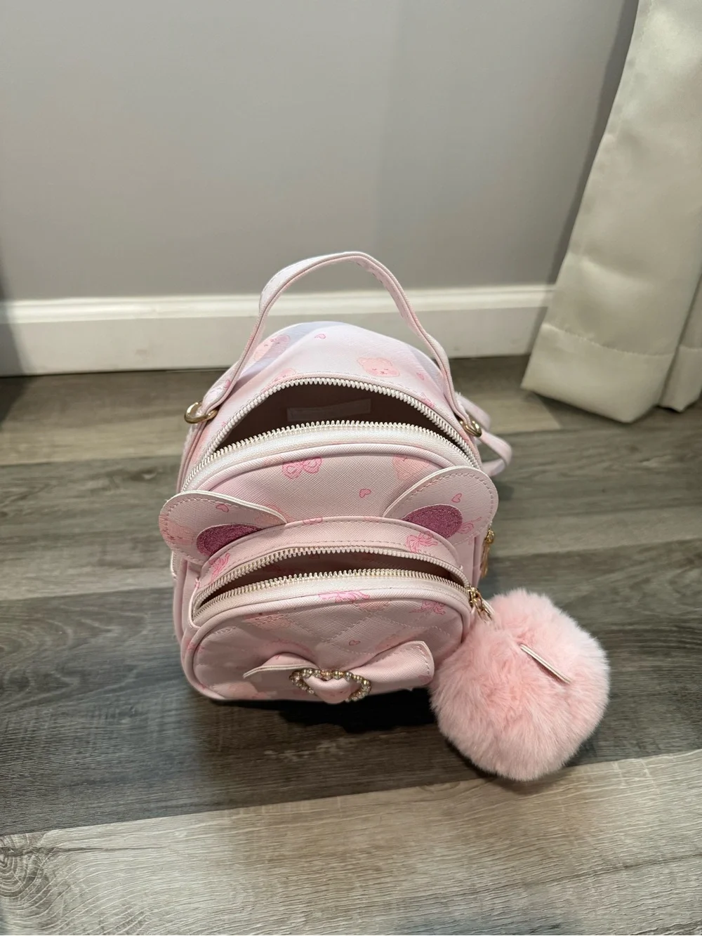 Othr Pink Quilted Teddy Mini Backpack with Pom Pom
